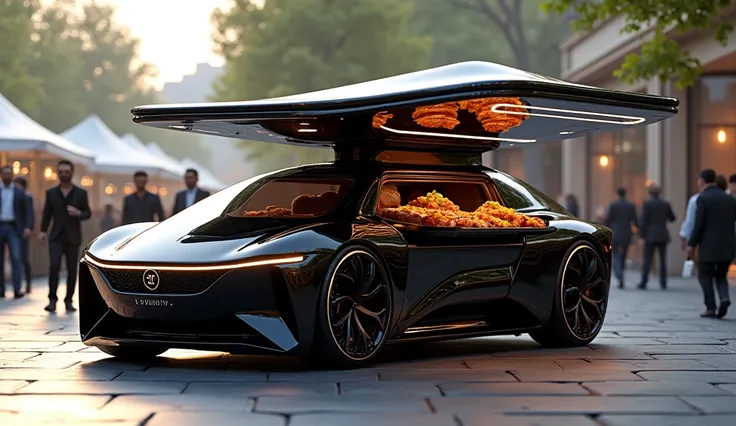  futuristic gourmet street cart to sell products and food , Food by Luxuoso Primium Black, open sides and roofless ,  more realistic modern design with technological and beautiful shapes ,  looking like a car from the future ,  set at daylight events ,  wi...