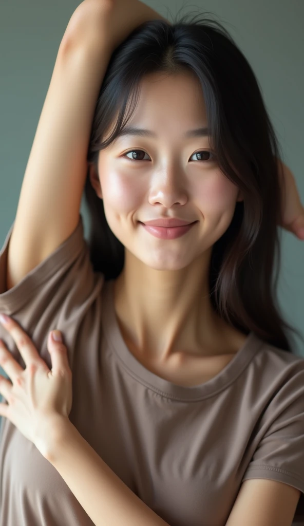 Headshot of stretching exercises while wearing a brown round neck t-shirt
cute japanese woman