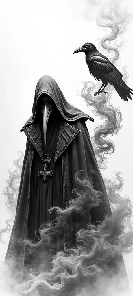 Plague doctor black and white plane white background smoke and crow