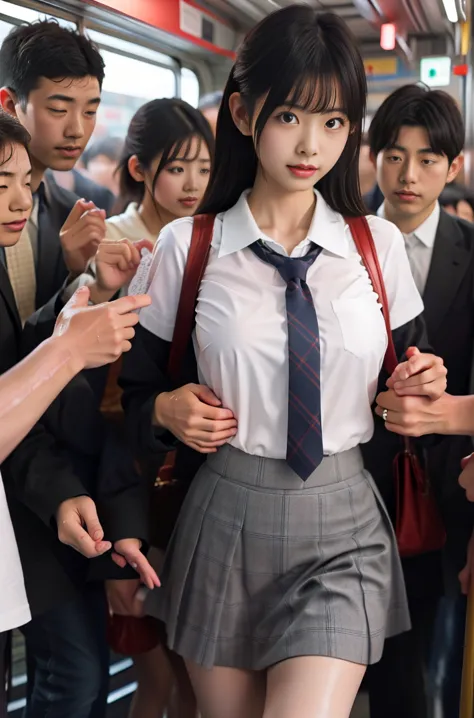 (molestation:1.8) japanese woman, beautiful breasts, (white shirt,red necktie, plaid pattern short skirt, darkbrown hair,bangs,ear,japanese school uniform),tits grab, in the train, Multiple men around her grab her tits, tits grab, multiple hands, masterpie...