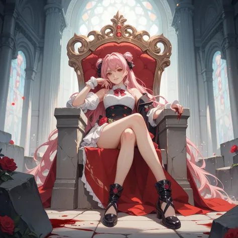  A girl sitting on a stone throne , with reddish pink hair ,  blood-cold red eyes ,  com uma saia média e uma camisa longa,  calçada com um salto alto ,  com um olhar dominador