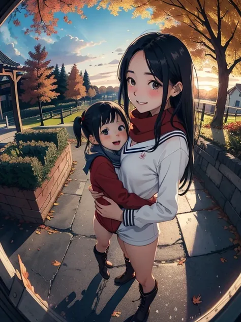 masterpiece， best quality， High image quality，( super flat ,  Flat Shading )， beautiful black hair， fisheye lens，Cute petite trained young mother and her very cute little trained daughter:1.25， warm scarf， long-sleeved sailor suit that will pinch your nipp...