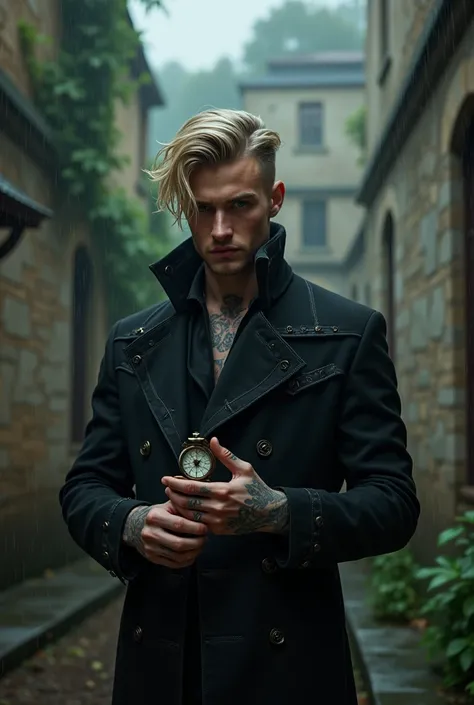 Imagine Victor, a handsome adult man with chin-length, medium-blond hair styled in layered cuts, blending rebellion with elegance. He stands in a misty, weathered courtyard under the soft drizzle of rain, dressed in a sleek, dark coat with subtle silver em...