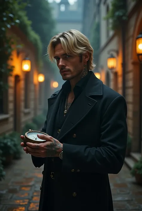 Imagine Victor, a handsome adult man with chin-length, medium-blond hair styled in layered cuts, blending rebellion with elegance. He stands in a dimly lit, timeworn courtyard at twilight, surrounded by ivy-covered stone walls and the faint golden glow of ...