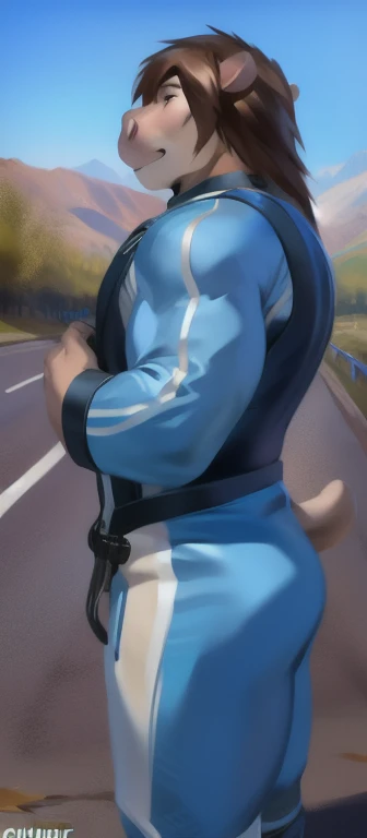   alone  ,  Girl ,  standing on the side of the road  , hippo,   Blue Military Spacesuit, Heavy load  ,   muscle bound , ,Beautiful hair, by chunie  