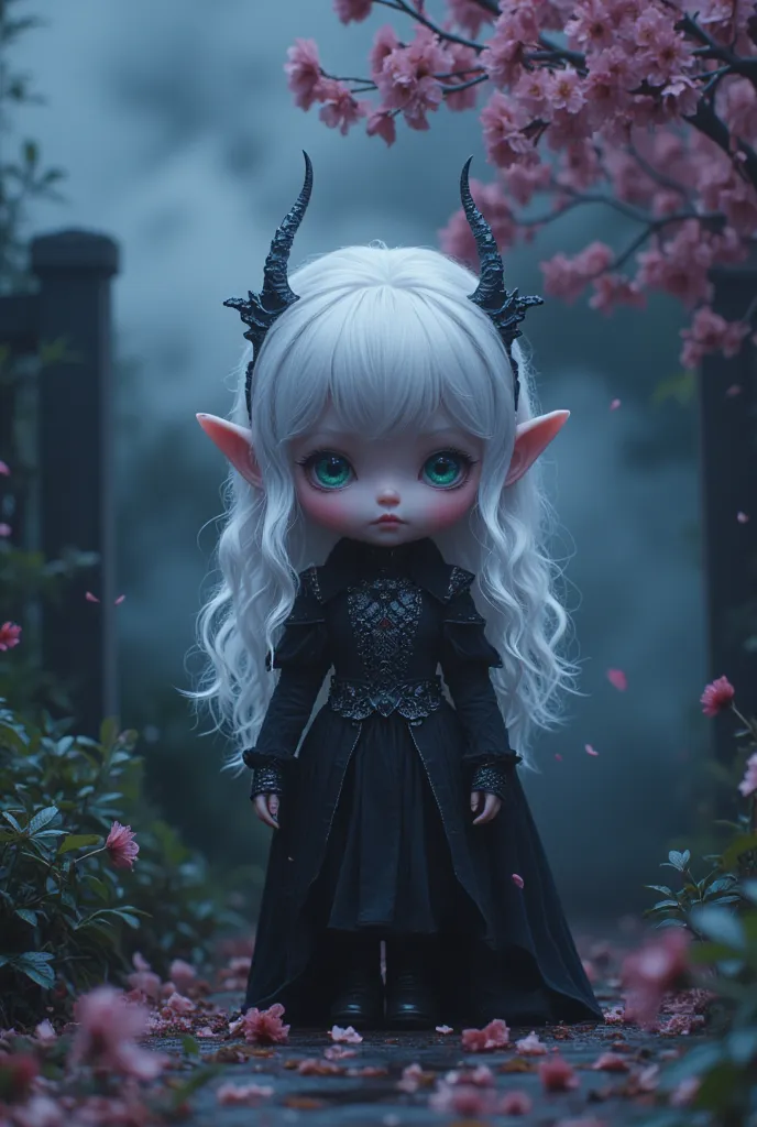 full length view. ((beautiful chibi vampire in a dark garden, portrait, statue, marble, soft colors, glossy skin, darkness, horr...