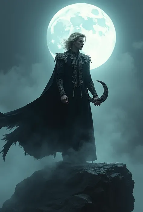 Imagine Victor, a handsome adult man with chin-length, medium-blond hair styled in layered cuts, blending rebellion with elegance. He stands under the pale light of the full moon, high atop a craggy cliff overlooking an endless, mist-shrouded abyss. His da...