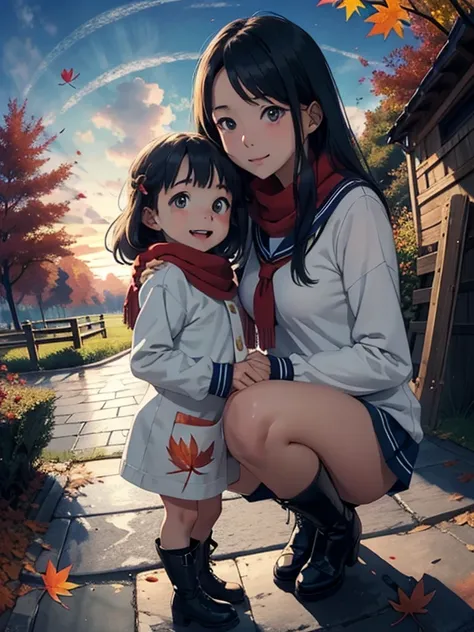 masterpiece， best quality， High image quality，( super flat ,  Flat Shading )， beautiful black hair， fisheye lens，Cute petite trained young mother and her very cute little trained daughter:1.25， warm scarf， long-sleeved sailor suit that will pinch your nipp...