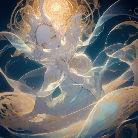 "An ethereal being with a translucent body and intricate, swirling designs glowing on its surface, its calm gaze radiating peace and infinite wisdom."