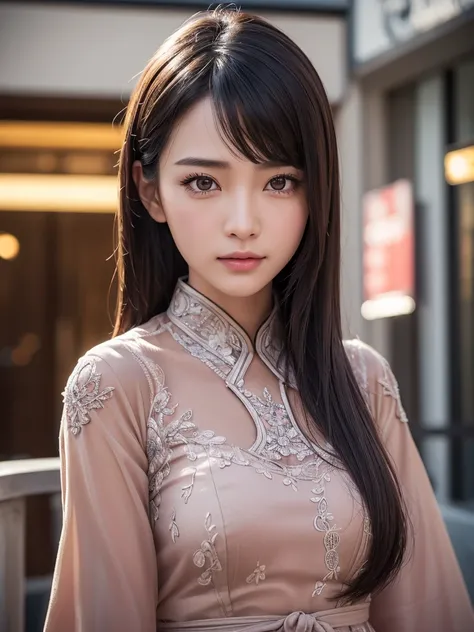 charismatic expression, employee, shop, asian, indonesian, small breast, extremely detailed eyes, extremely detailed face, best quality, extremely detailed, one person, one girl, ultra-detailed, (realistic, photo-realistic:1.3)