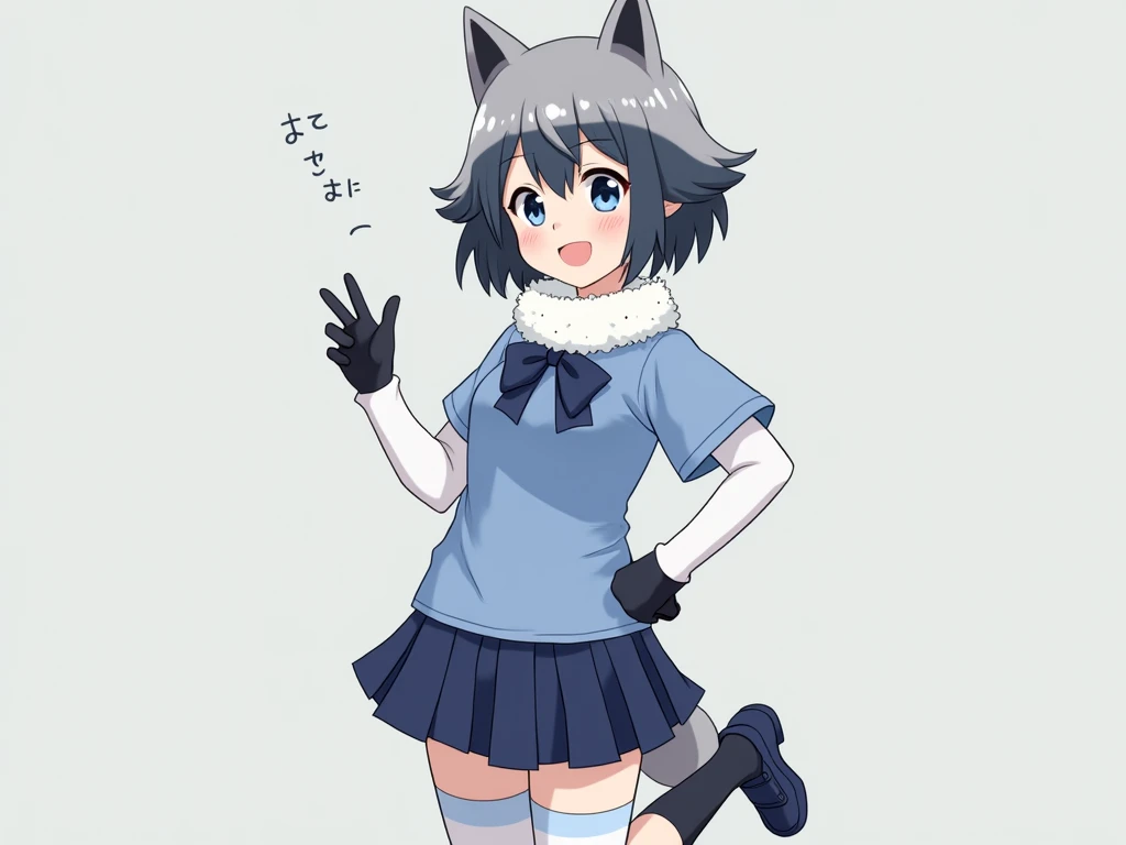  anime style, girl, raccoon ears, gray and dark blue hair , Short Hair ,Blue short-sleeved shirt, white fluffy neck warmer , large dark blue ribbon on chest ,white arms ,Black gloves, navy blue mini skirt, blue to white gradation tights from crotch to knee...