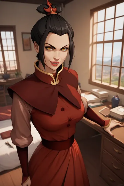   full coat  ,  high definition , 4k,   detailed face , detailed eyes , detailed expression , Azula,   golden eyes   ,   black hair , loose hair , evil expression  ,  smiling ,  Enrojecida  ,   red sports holder  , red skirt  , ( in a room next to the desk...