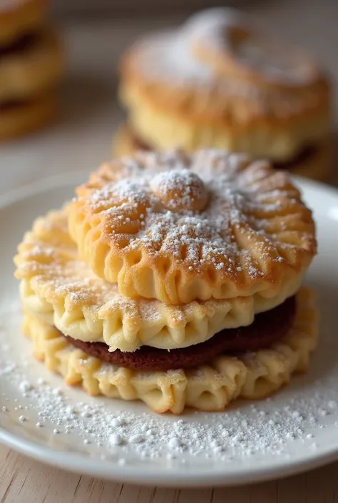 An Alfajor that has a brown filling is thin ,  that has a white sugar powder on top and that the dough is not just circular in shape 
