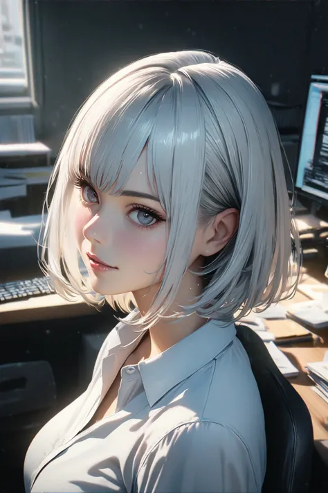 (8K, best quality:1.3), hyper-realistic detailed, realistic, cel anime, soft lighting, A gaze that captivates the viewer, portrait, (very short silver-white hair), detailed hair, straight bob hair, cute face, glowy skin, beautiful breasts, business suit, d...