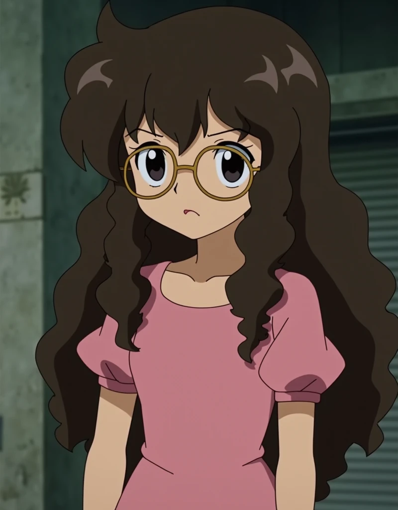 DVD Screenshot, 1989, Anime movie Studio Ghibli, Teenage Girl,Long dark brown curly hair with voluminous curls ,Black eyes,Dark gold boreal style glasses , Pink dress with round neck and short puff sleeves , round neck and short puff sleeves , Princess Mon...