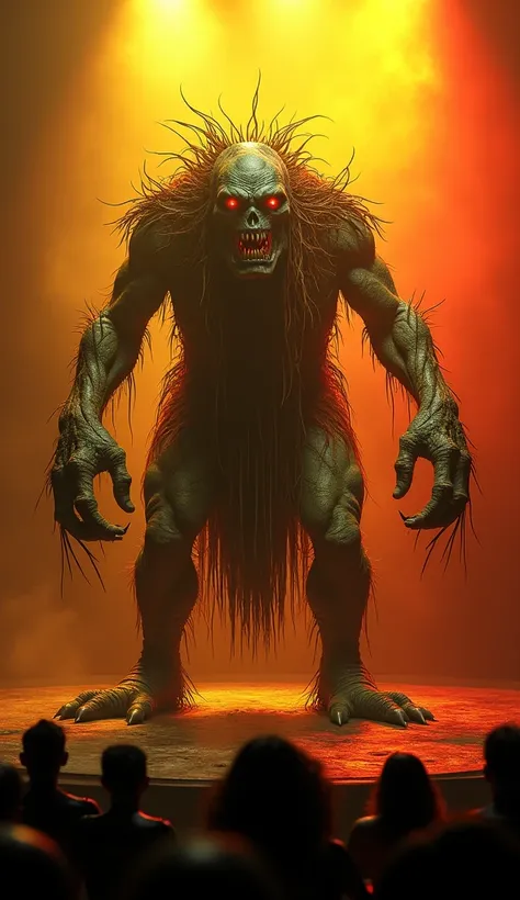 In the center of a stage illuminated by yellow and red lights, a figure appears inspired by the legend of Curupira, but terribly monstrous. Its body is twisted, with scaly gray-green skin, and its backward-facing feet are huge and full of claws. The eyes g...