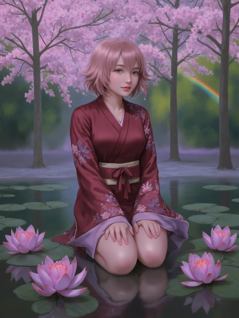 anime-style illustration featuring a young woman with short pink hair and green eyes, kneeling in a serene pond surrounded by bl...