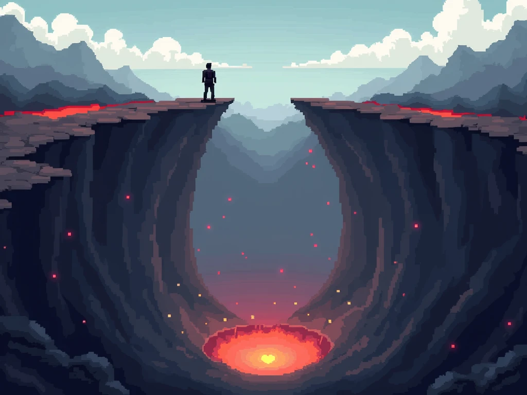 bottom view pixel art image of a volcano crater with a person on top looking down the crater.