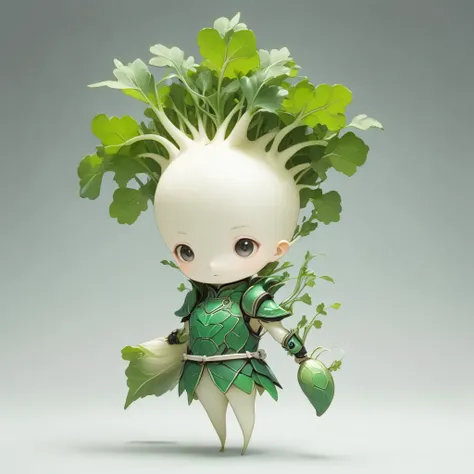 ultra-small deformation, 1female slender daikon, solo, green leaves headgear, green leaves armor, holding a Grater