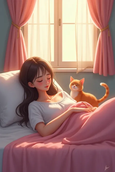 A young woman with long hair in her sleepwear is lying on her bed sleeping hugging her pillow and covered with a pink blanket and covering her eyes in front of her is the curtain with a cat pulling on the rope opening the curtain so that the face of the yo...