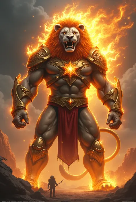 Create a colossal lion in battle mode with star armor and flaming gold