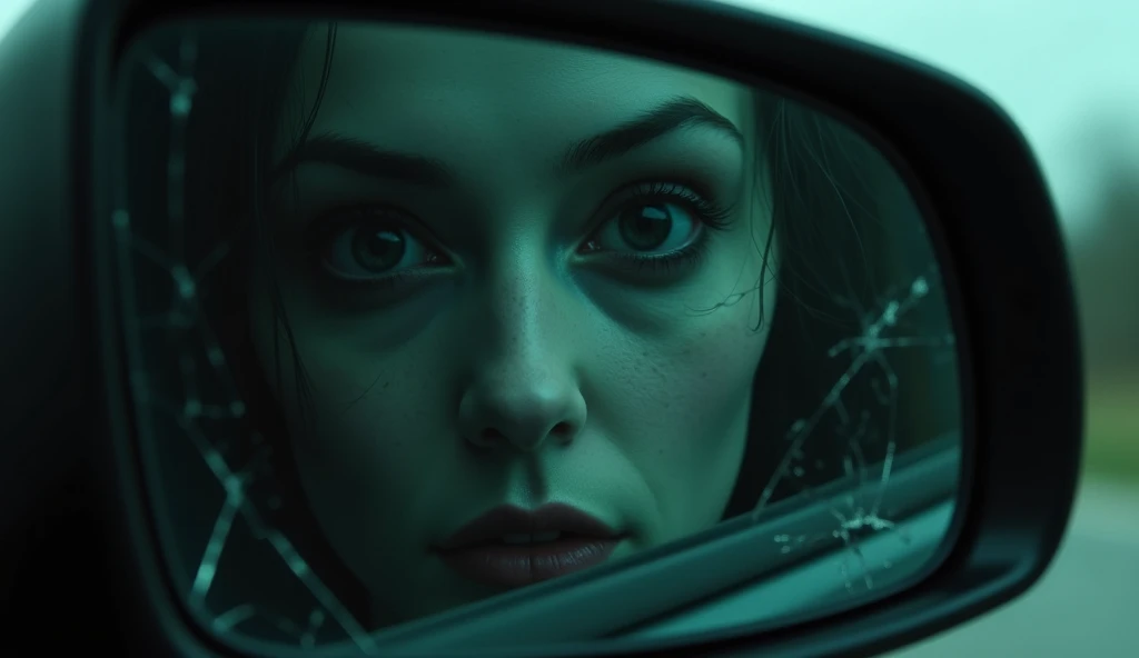 close-up of the truck’s cracked rearview mirror reflecting the ghostly womans face. Her pale, emotionless face has hollow, black eyes. The mirror and surroundings are dimly lit with a faint greenish tint.