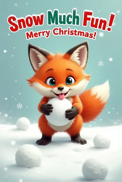 A fluffy, wide-eyed fox cub with comically large ears stands in the middle of a snowy patch, holding a snowball twice its size in its tiny paws. Its tongue is sticking out in exaggerated concentration, but its legs are wobbling, and snowballs are tumbling ...