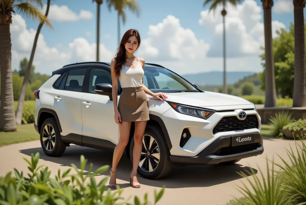 lisamy stand beside a toyota hybrid cross car, perfect body