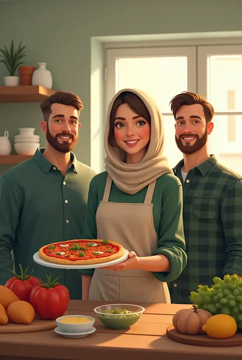  A woman wearing a pasmina veil , wearing an apron.  Holding a 10cm pizza on a tray .  Next to her There are men with combed hair climis,  with a little beard on the chin ,  wears a flannel shirt of dark green color .  Standing behind a table with a lot of...