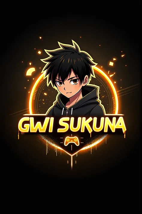 This is a  gaming  logo that features the name   GWI SUKUNA a futuristic font and a neon golden colour. and boy Anime avtar, The logo also has a stylized controller icon. The logo is designed to be attractive and eye-catching, and to appeal to gaming enthu...