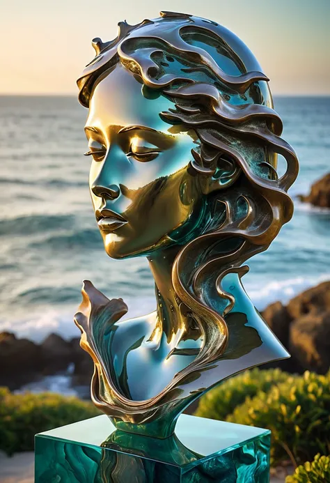 A surreal sculpture of a womans face merging with a serene ocean landscape, crafted from polished bronze and shimmering glass, evokes the tranquility of an underwater world. The double exposure technique captures both the terrestrial and aquatic realms, as...