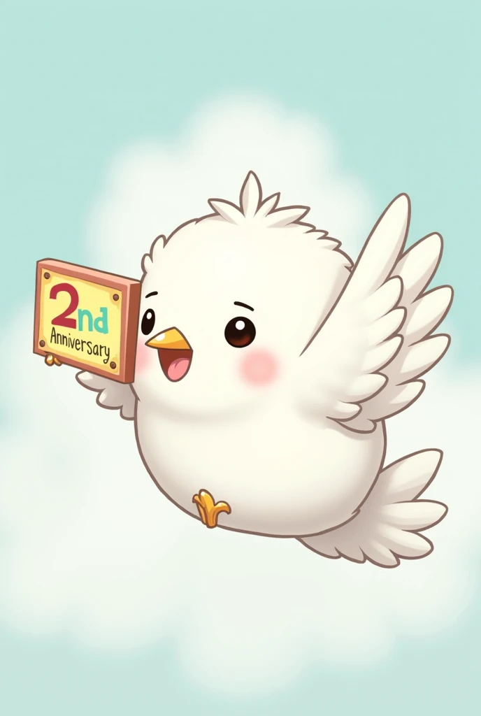 Masterpiece,Best quality, Anime style, pure white sparrow mascot, round body, fluffy body, simple face, cute appearance, ((Flying while holding a colorful message board with 2nd anniversary written on it))