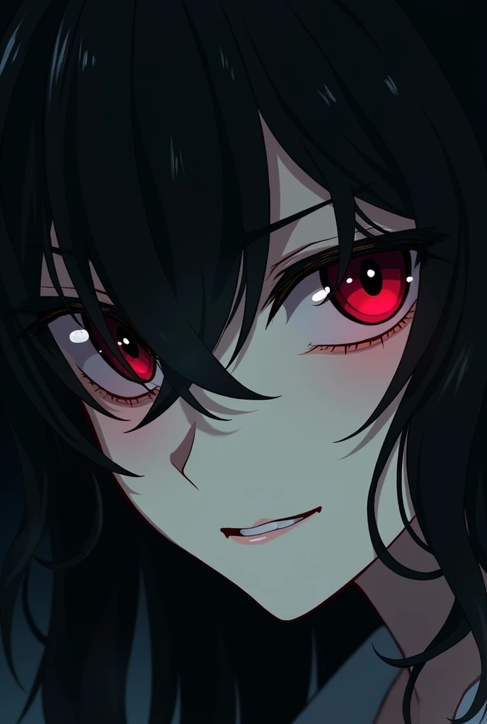  Right half of the face of a young adult with long wavy hair, black bangs ,  behind a few white locks ,  and the rest of her black hair .  Her eye is red ,  wears black lenses and has white skin .  She has an evil smile .  Anime image .