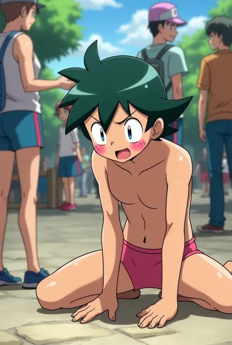 Pokemon series, ash, ash Ketchum, in underwear, pink briefs, embarrassed, public,on knees, leaned forward,hands on floor,blush, standing like a dog