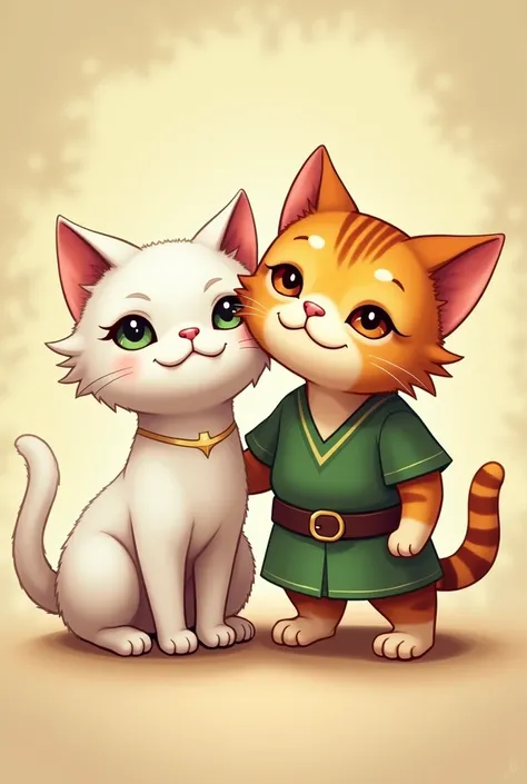 Link and Zelda as cats,  Zelda is a white cat,  link a Bengal cat , Both in Chibi style 