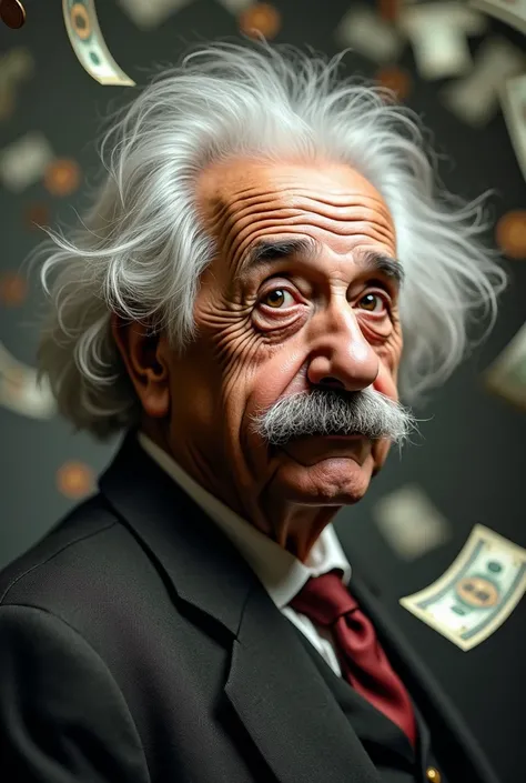 A portrait of Albert Einstein ,  aged looking ,  with his distinctive disheveled hair and mustache .  He is looking forward ,  with a thoughtful and slightly distracted expression ,  as if he were oblivious to what is happening around him . Behind him,  th...