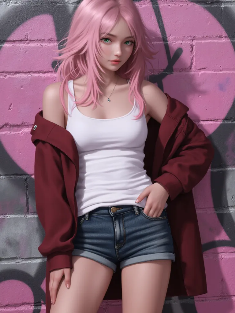 image is a digital illustration featuring an anime-style character with pink hair and green eyes, standing against a graffiti-co...