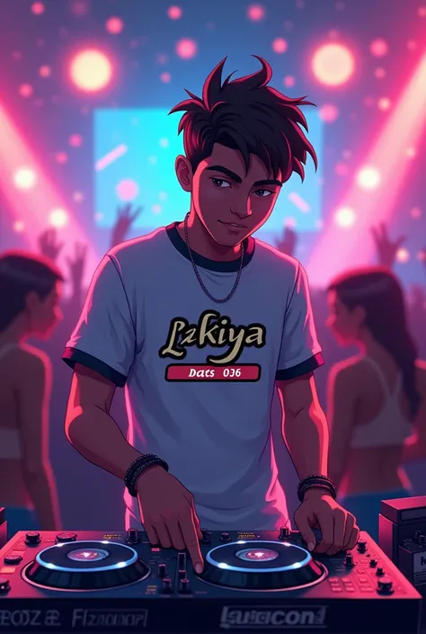 Create a dj boy and mention lakiya beats on the t-shirt of a dj party