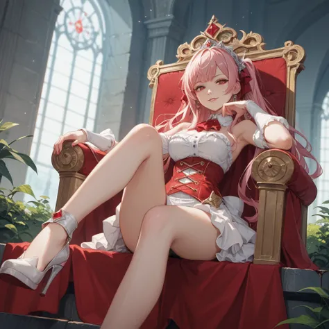  A girl sitting on a stone throne , with reddish pink hair ,  blood-cold red eyes ,  com uma saia média e uma camisa longa,  calçada com um salto alto ,  com um olhar dominador