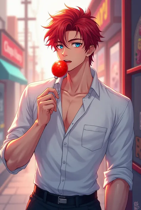 (otome isekai ML manhwa) teenage man, crimson hair, sapphire jewel-like blue eyes, long eyelashes, sharp jaw, ripped upper body, 188 cm, wearing white shirt and black pants, eating chupa chups