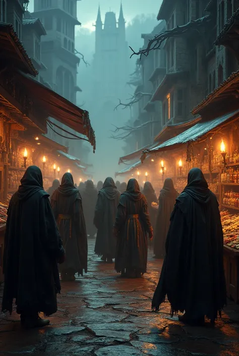  Generate an image of a medieval group of merchant browsers in the dark fantasy style
