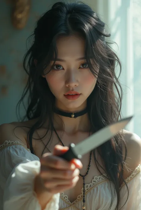 Beautiful Korean girl with wavy long hair, bohemian dress, holding a knif and showing it to the viewer