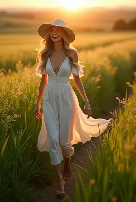 Wide view from above, a beautiful woman walking through the field, her feet in the grass, dusk light, the wind flows her clothes and hair, she is wearing a white summer dress and a wide hat, smiles happily. sharp render, sharp image.”