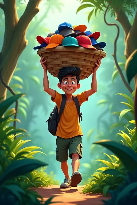 cartoon hd a man going through a jungle having basket on his head with full of caps 