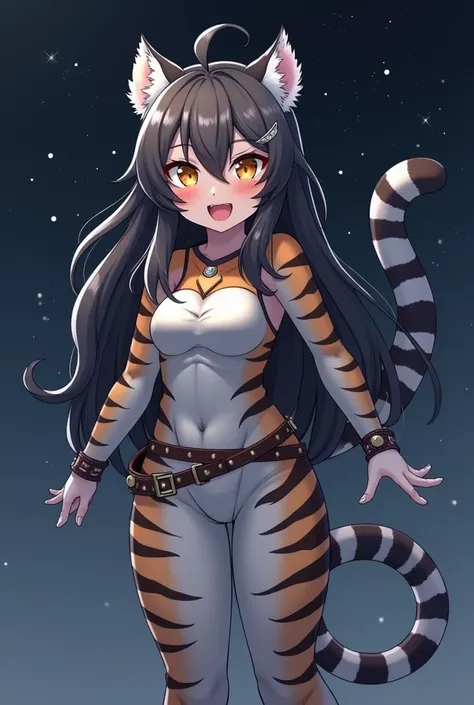 full body portrait of a playful anime tiger girl with furry tiger ears and long dark gray and white hair, her face is human but she has black whiskers and pointy fangs, her arms and legs are covered in striped white and dark gray fur and she has a striped ...