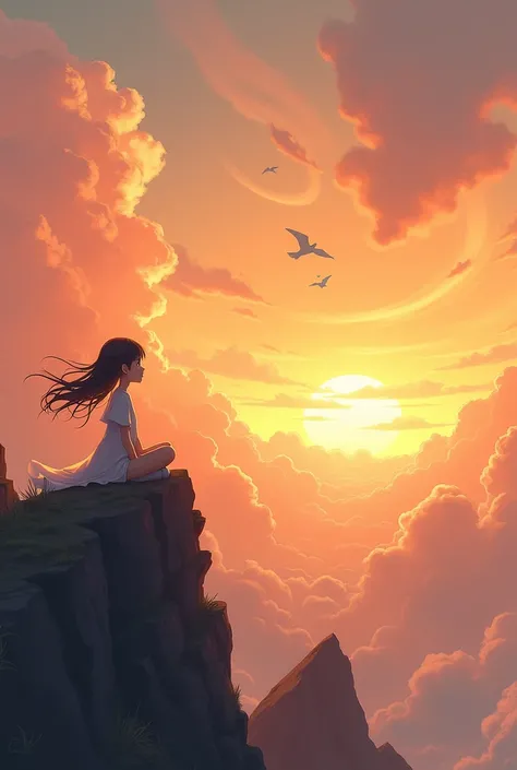 A girl sitting at the peak of rocky hill looking at the sun set. White birds flying over orange clouds.