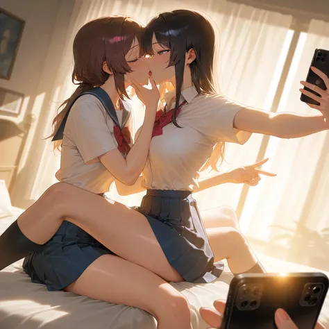 masterpiece, best quality, amazing quality, very aesthetic, absurdres,  newest, scenery,  volumetric lighting, close-up, 2girls, 18yo, french kiss, high school uniform, sitting on the bed, intertwining legs, phone, cellphone, selfie, holding phone, smartph...