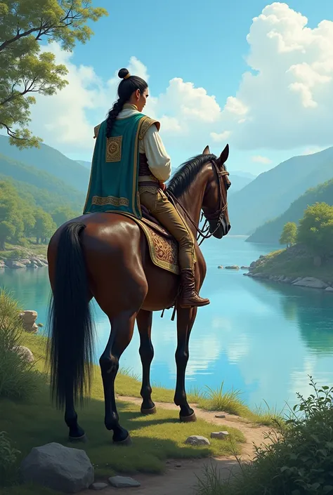 Draw a person from Jahlia riding a horse in front of the river
