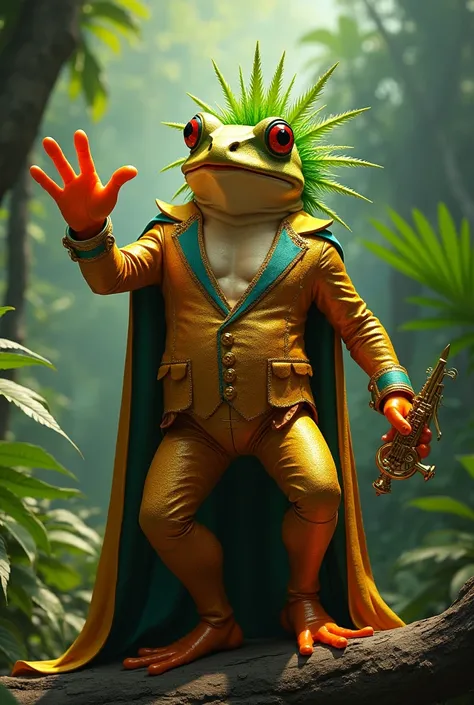 Humanoid Amazonian golden frog that is a bard, with an elegant suit and ostentatious colors