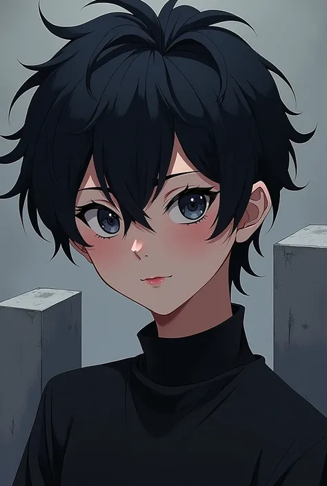 1boy, two blocko, Black Hair, Smirk, Simple background, Anime, Gothic Art,  Bangs, 